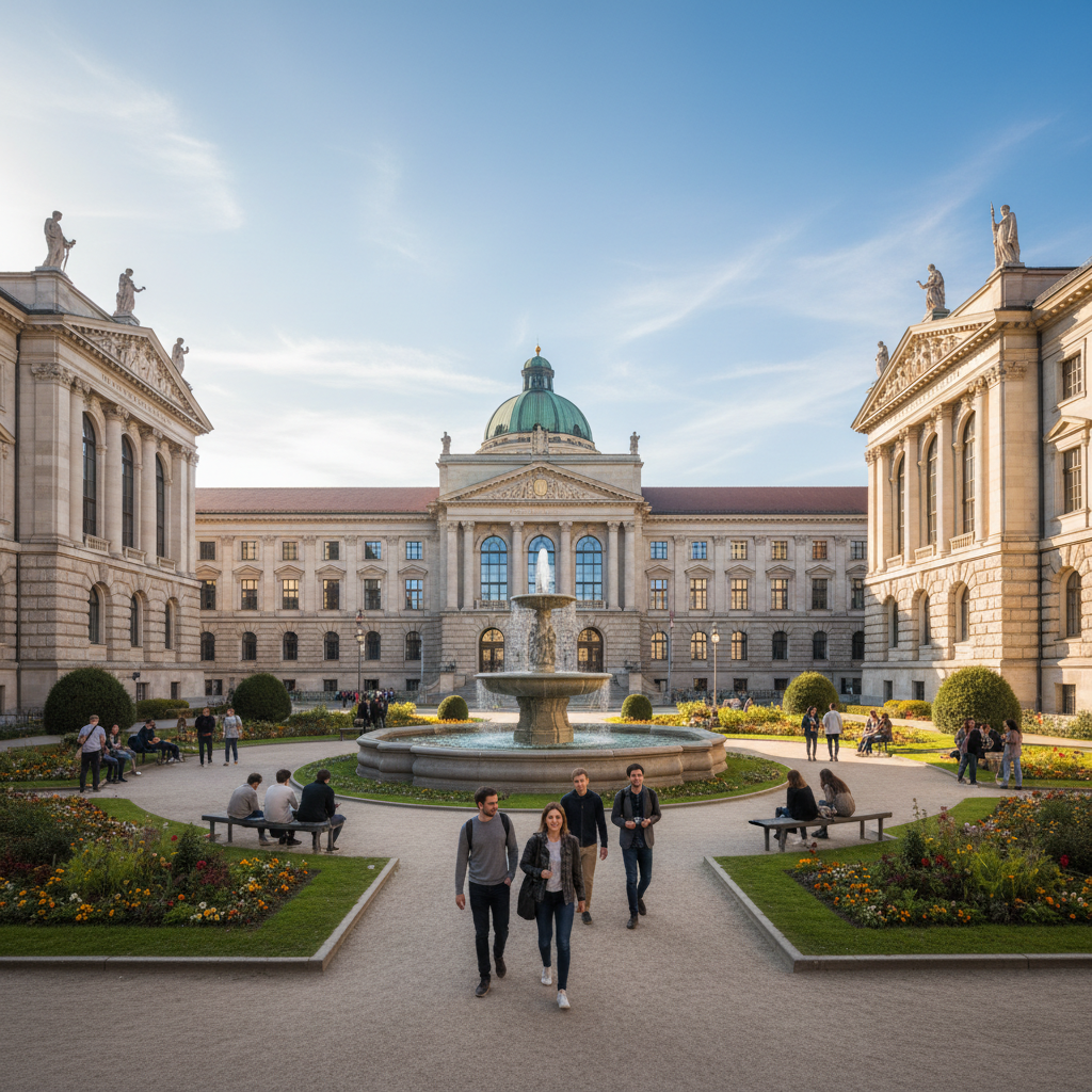 Study in Europe - Technical University of Munich main campus with neoclassical buildings and fountain in central Munich Germany for Indian students