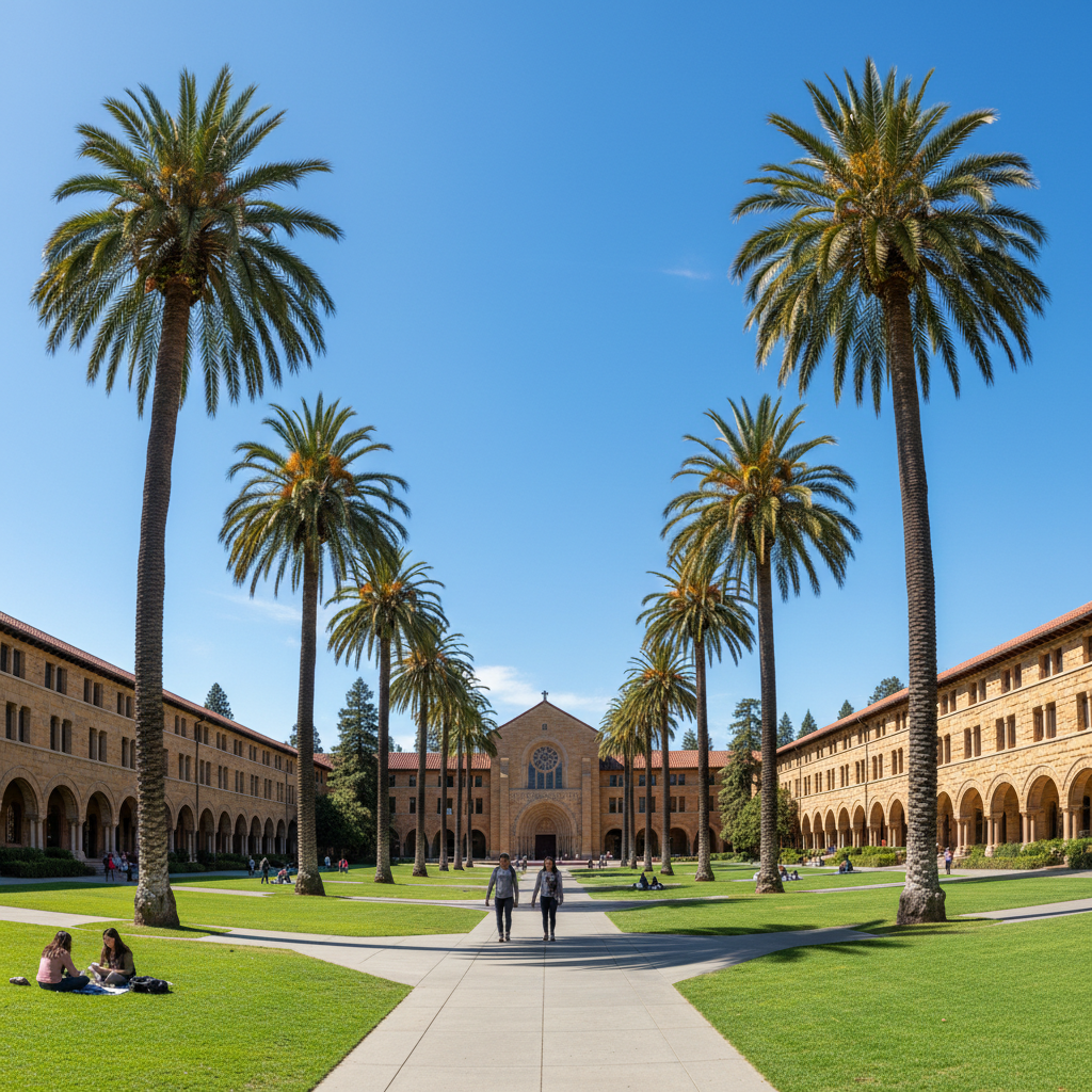 Study in USA - Stanford University palm-lined main quad with Spanish colonial architecture in Palo Alto California for Indian students