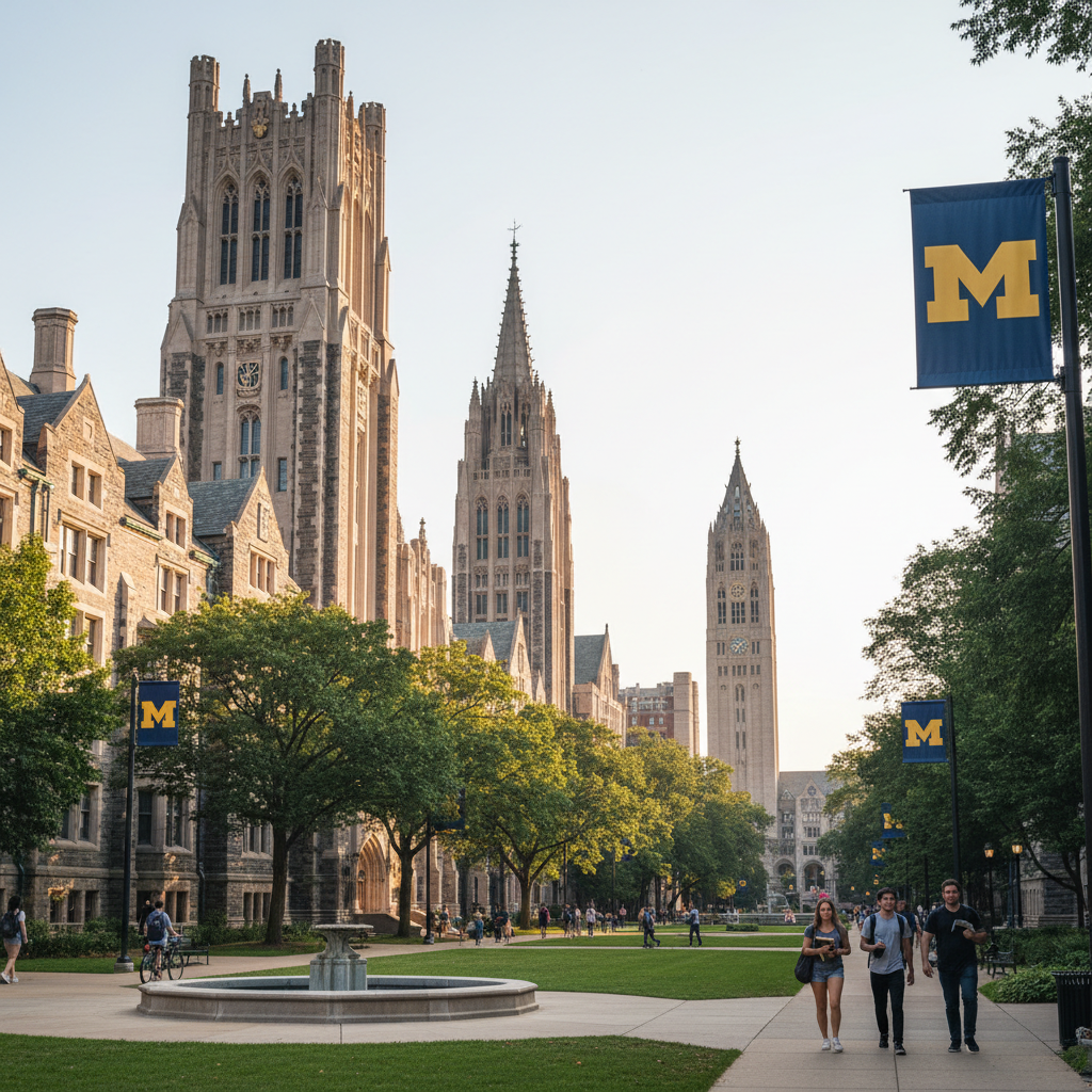 Study in USA - University of Michigan historic campus with majestic buildings and tree-lined walkways in Ann Arbor for Indian students