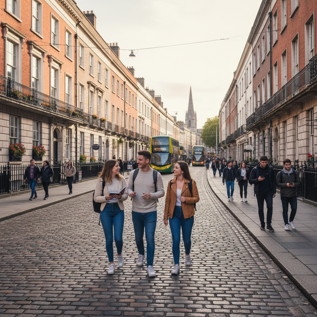 Study in Ireland - Trinity College Dublin historic cobblestone campus with the iconic campanile bell tower in Dublin for Indian students