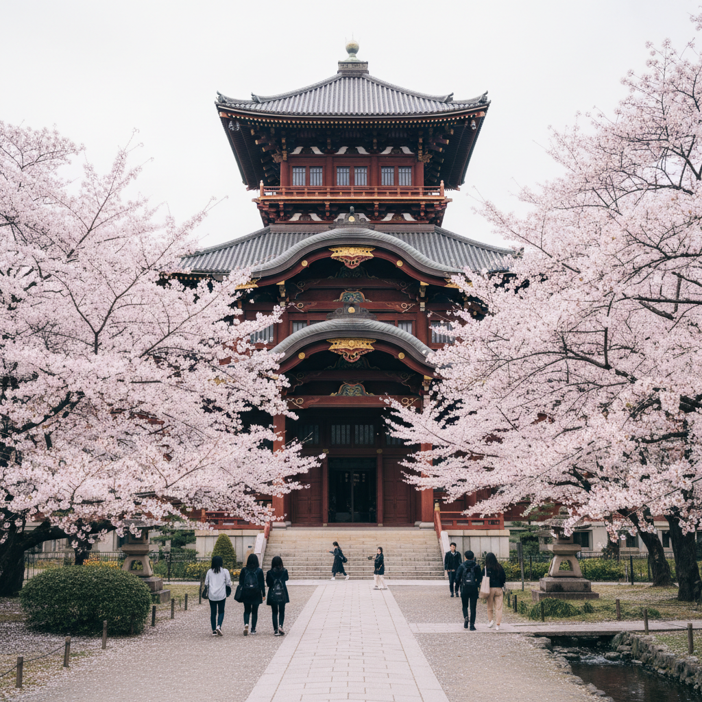 Study in Japan - University of Tokyo Yasuda Auditorium with cherry blossom trees and traditional Japanese architecture in Bunkyo for Indian students