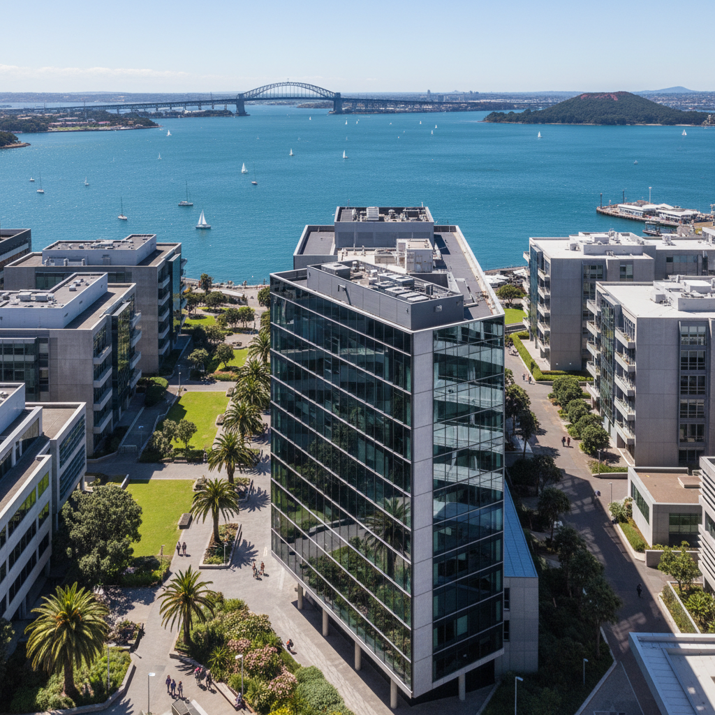 Study in New Zealand - University of Auckland city campus with modern buildings and harbour views in Auckland for Indian students
