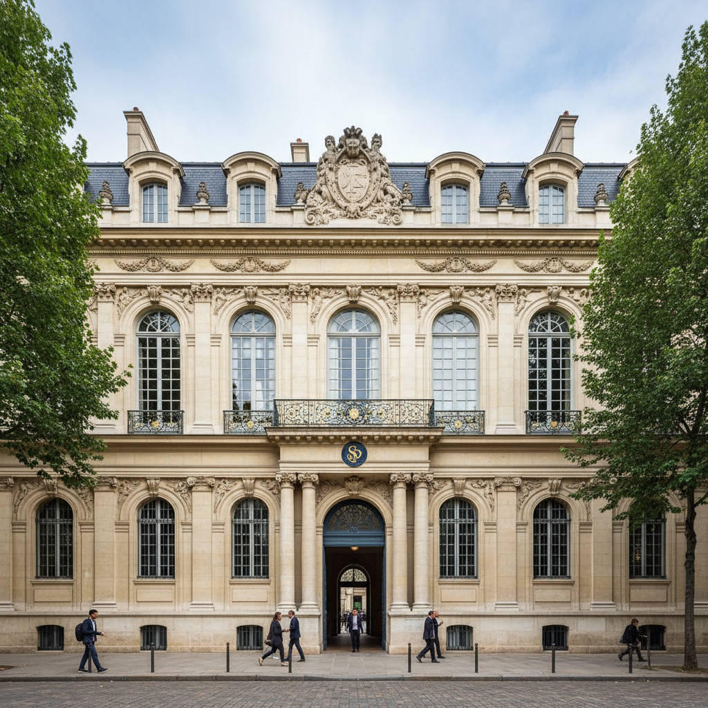 Study in Europe - Sciences Po Paris historic building facade with French architecture in Saint-Germain-des-Prés Paris France for Indian students