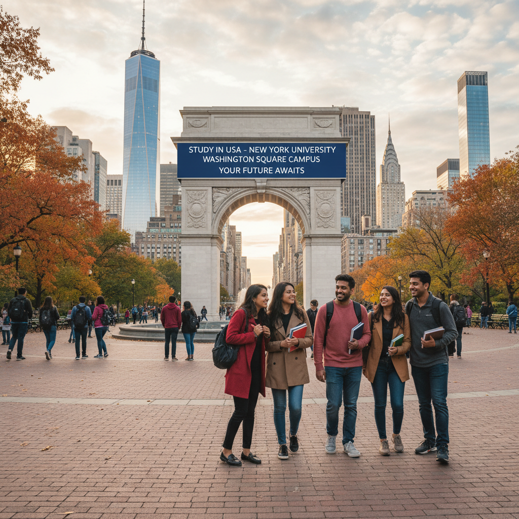 Study in USA - New York University Washington Square campus with iconic arch and Manhattan skyline in New York City for Indian students