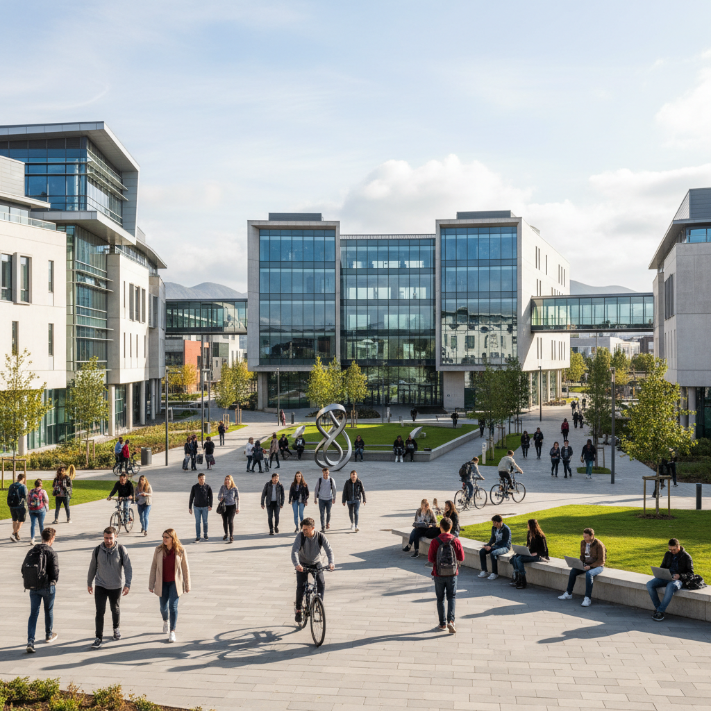 Study in Ireland - University College Dublin Belfield campus with modern buildings and green parkland in south Dublin for Indian students