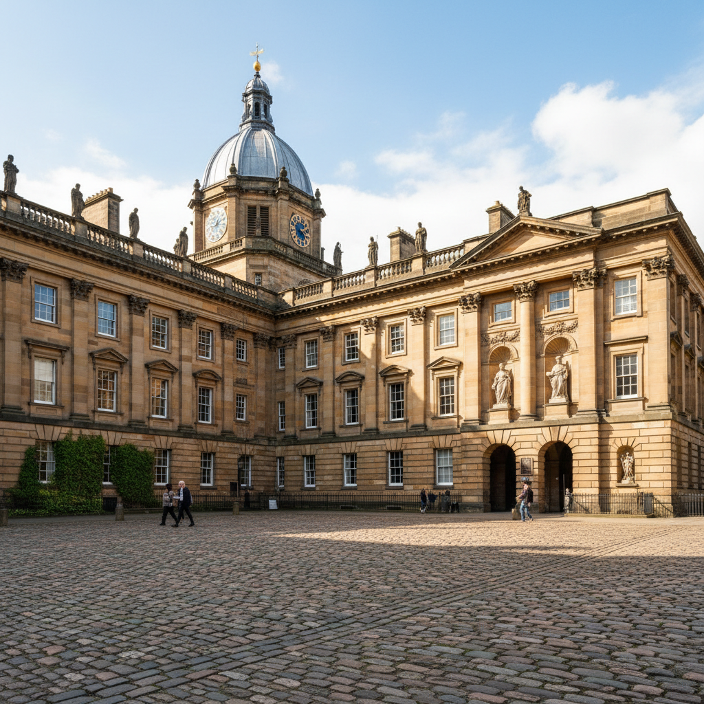Study in UK - University of Edinburgh historic Old College building with cobblestone courtyard in the Scottish capital for Indian students