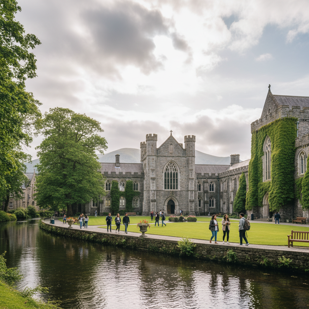 Study in Ireland - University of Galway historic quadrangle buildings beside the River Corrib on the west coast of Ireland for Indian students