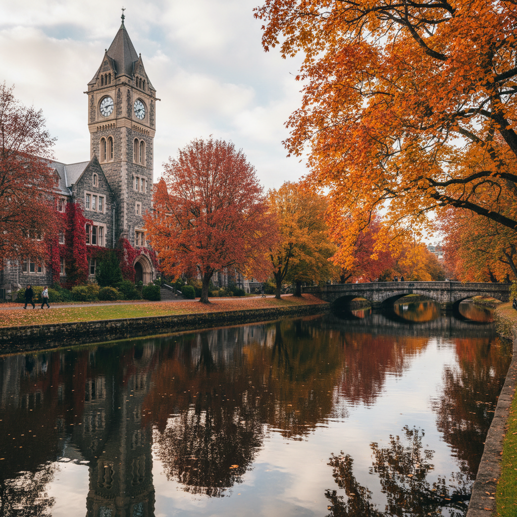 Study in New Zealand - University of Otago historic stone clocktower building with autumn trees reflected in the Water of Leith in Dunedin for Indian students