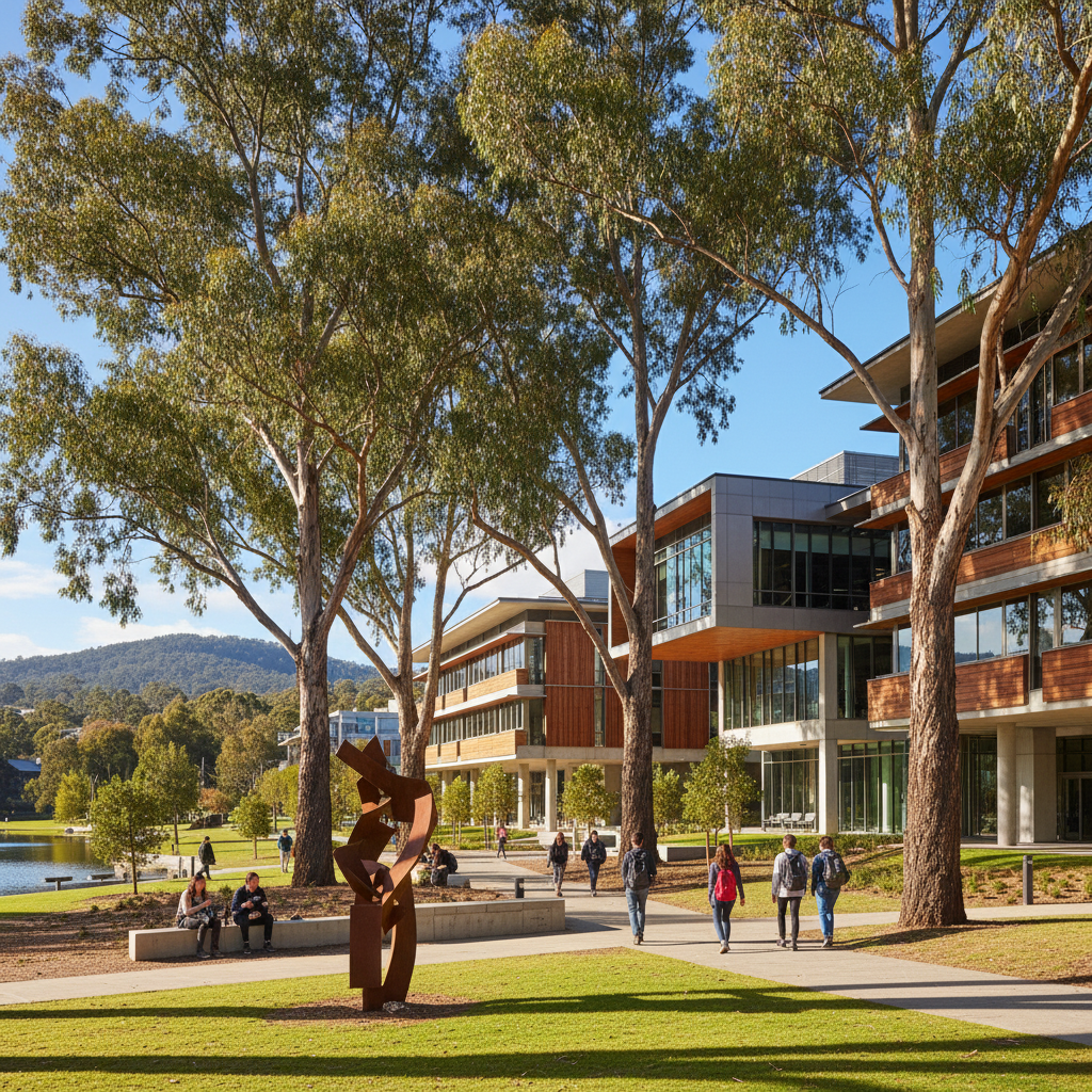 Study in Australia - Australian National University modern campus buildings surrounded by native bushland in Canberra for Indian students
