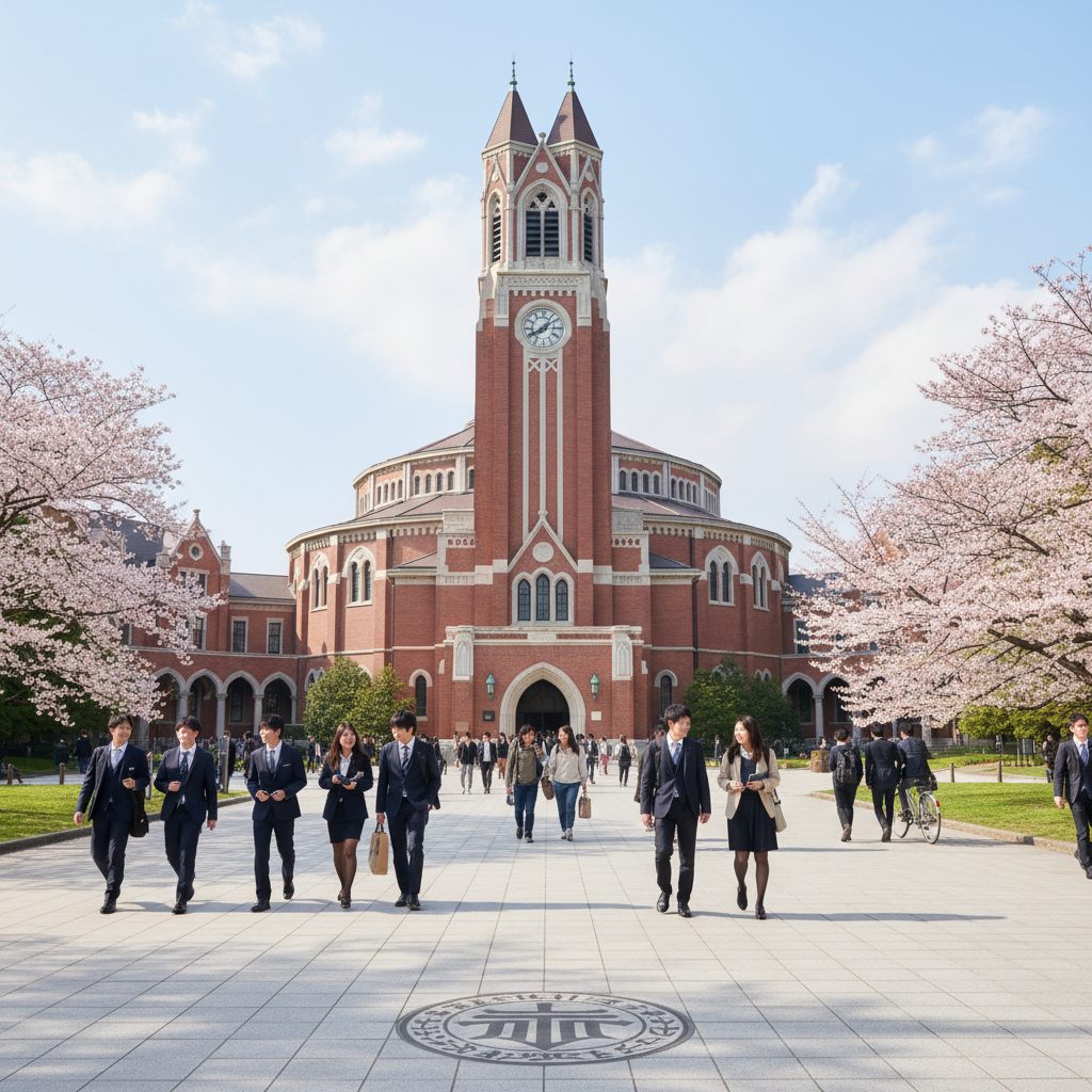 Study in Japan - Waseda University Okuma Auditorium with iconic clock tower and students on the main campus in Shinjuku Tokyo for Indian students