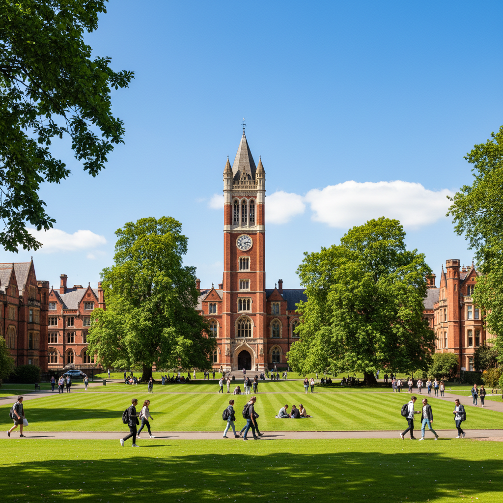 Study in UK - University of Birmingham red-brick campus with iconic clock tower and green parkland in the West Midlands for Indian students