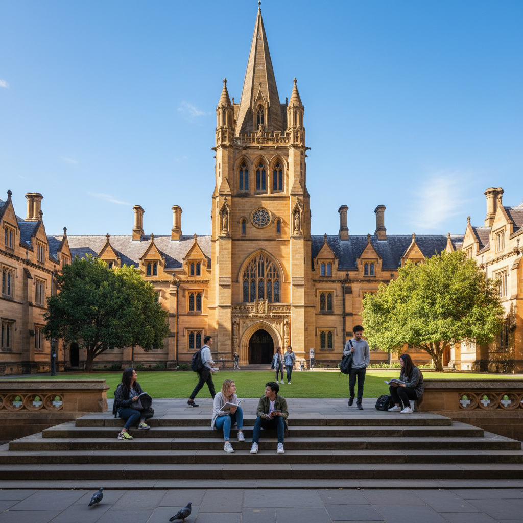 Study in UK - University of Manchester Victorian Gothic campus buildings with students on the main quad for Indian students