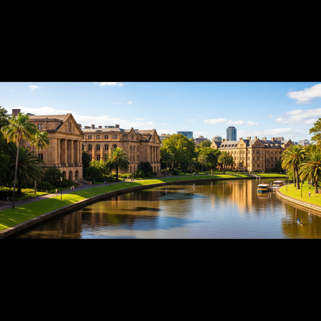 Study in Australia - University of Queensland St Lucia campus with sandstone buildings beside the Brisbane River in Queensland for Indian students
