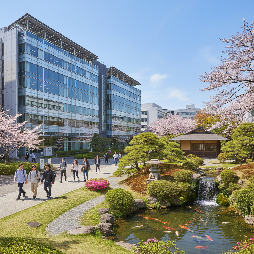 Study in Japan - Osaka University campus with modern research buildings and Japanese garden in Suita Osaka for Indian students