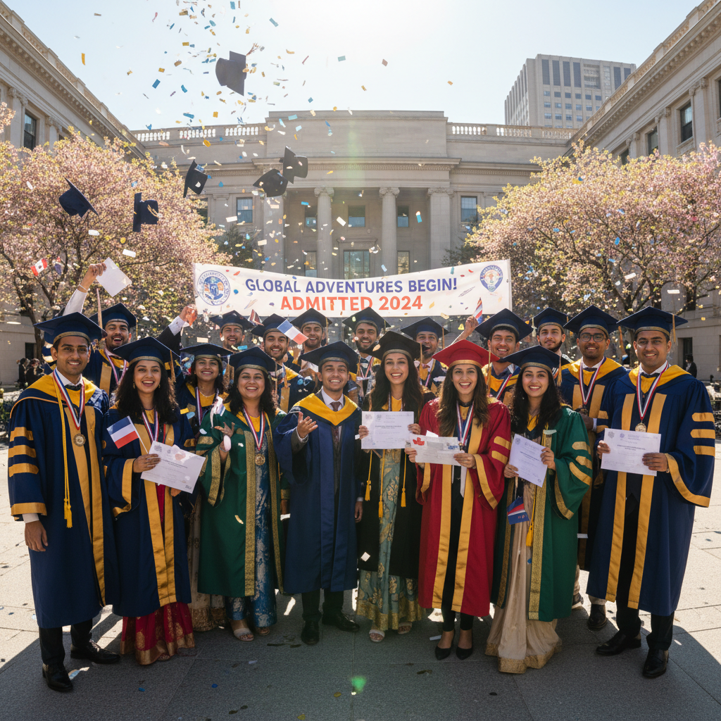 Indian students celebrating graduation at a university campus abroad