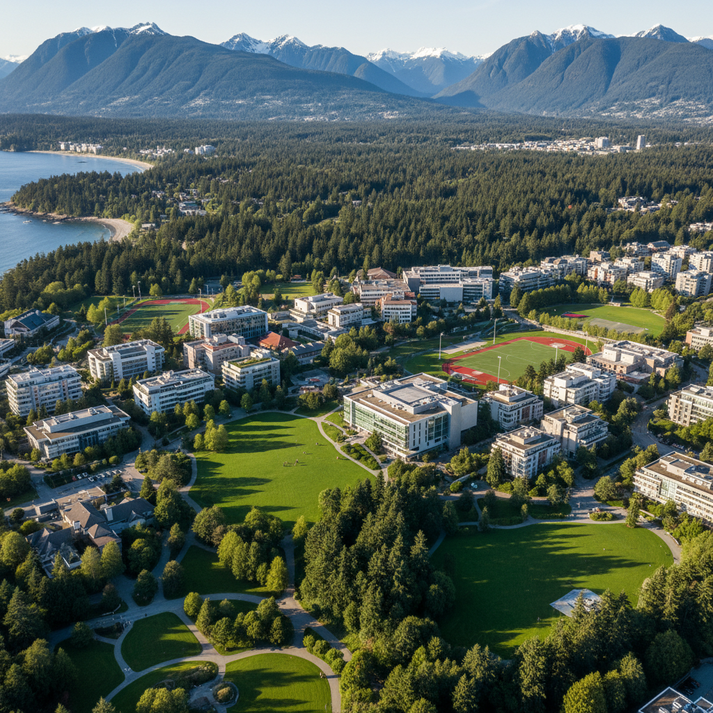 Study in Canada - University of British Columbia campus surrounded by trees and mountains in Vancouver for Indian students