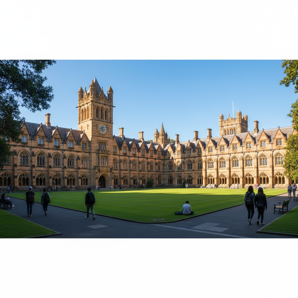 Study in Australia - University of Sydney iconic Gothic sandstone quadrangle with manicured lawns in New South Wales for Indian students