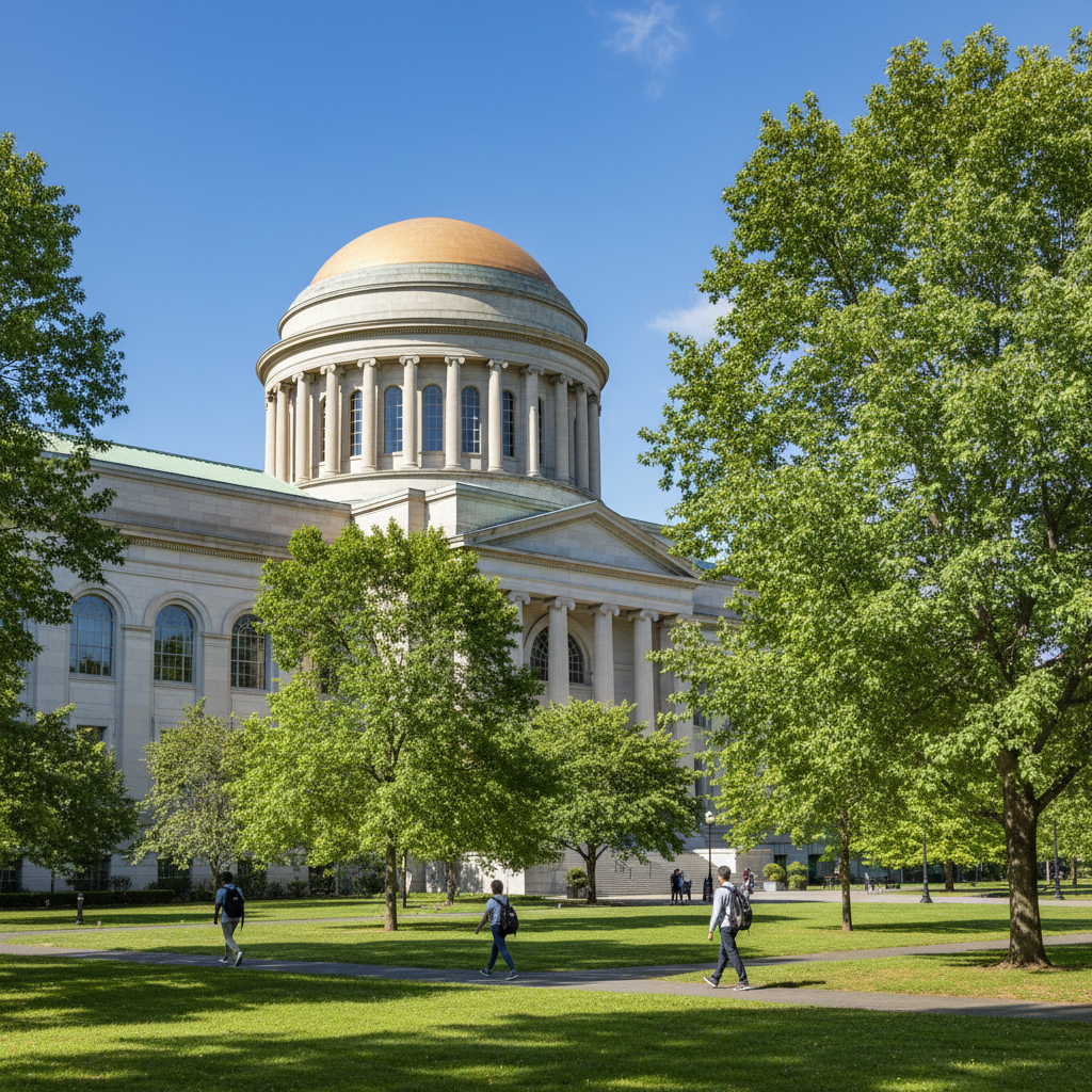 Study in USA - MIT campus with iconic dome building and research facilities in Cambridge Massachusetts for Indian students