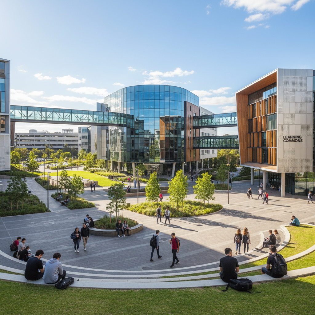 Study in Australia - Monash University Clayton campus with contemporary academic buildings and student gathering spaces in Melbourne for Indian students